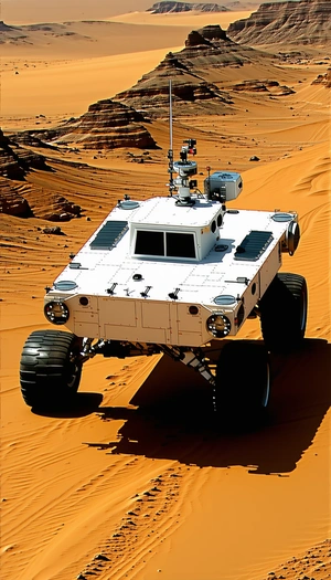 A White Vehicle, Possibly A Truck Or A Car, Driving Across A Sandy Terrain