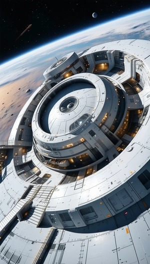 A Large White Space Station Is Shown In A Close-up View