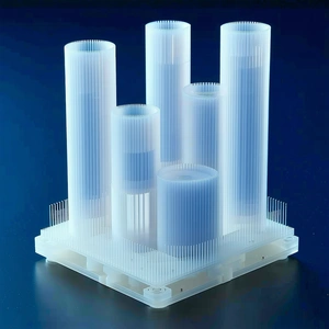 A Blue Background With A Large, Clear Plastic Structure In The Foreground