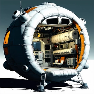 A Large, White, And Orange Spacecraft With A Dome-shaped Structure