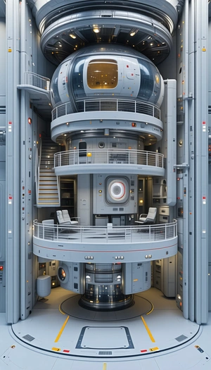 In The Image, There Is A Large, Futuristic Building With A Spiral Staircase Leading To The Top