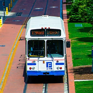Urban Aerial Photography: City Bus In Arts District With White Blue