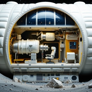 A Large White Spacecraft With A Hatch Open, Revealing A Spacious Interior