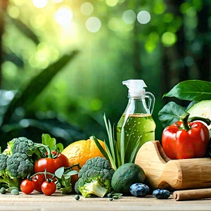 Lifestyle Lithograph: Wellness Scene With Healthy Food With Wooden Table