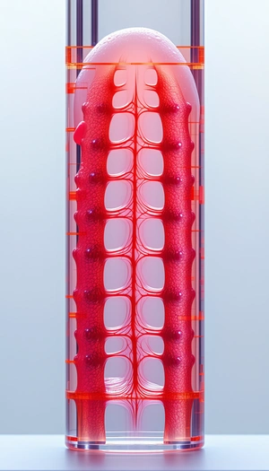A Red, Pink, And White Tube With A Red Liquid Inside