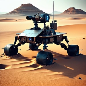 A Robotic Vehicle Is Sitting In The Sand, With Its Wheels Up In The Air