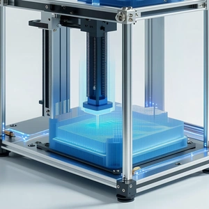 A Blue And White Machine Is Sitting On A White Surface