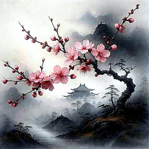 Nature Charcoal Drawing: Cherry Blossoms In Misty Environment With Beautiful Tree