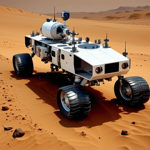 A White Robotic Vehicle Is Driving Across A Sandy Terrain