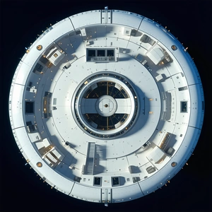 The Image Is A Close-up Of A Large White Spacecraft, Likely A Space Station Or A Space Shuttle