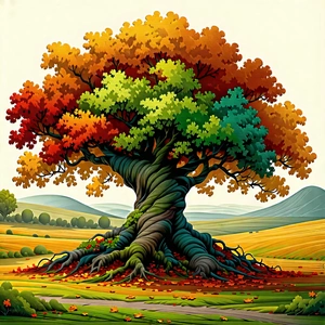Nature Vector Art: Ancient Tree In Autumn Colors With Large Tree