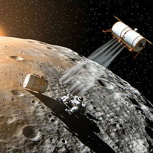 A Spacecraft Is Seen Flying Over A Moon, With Another Spacecraft On The Ground