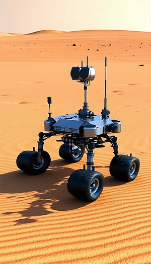 A Large Robotic Vehicle With Four Wheels, Standing On A Sandy Surface