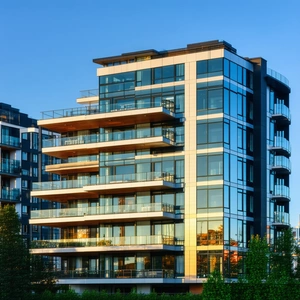 Urban Architectural Photography: Modern Apartment Complex With Reflective Glass With Large, Modern