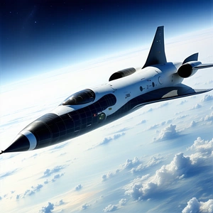 A White Jet Is Flying Through The Sky, With A Blue Background