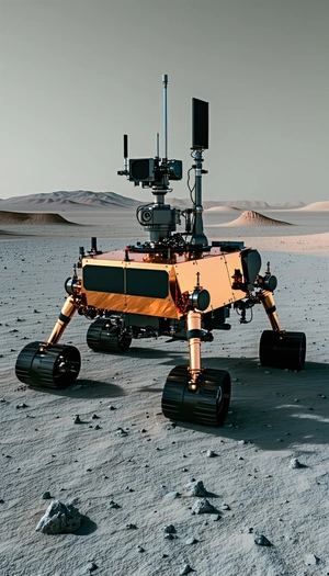 A Large Robotic Vehicle, Possibly A Rover, Sitting On A Dirt Surface
