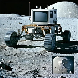 A White Rover Is Parked On The Moon, With A Television Monitor On Top Of It