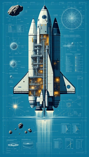 The Image Is A Blue And White Illustration Of A Space Shuttle, Showcasing Its Various Components