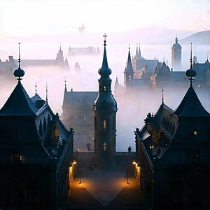 Urban Cinema 4D: Cityscape of historic city center during foggy morning