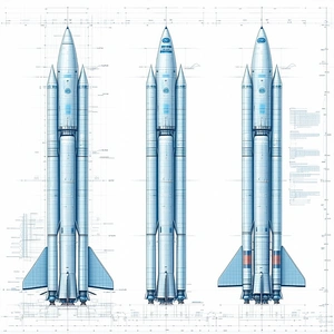 A Blue Rocket Ship Is Shown In Three Different Stages Of Its Flight