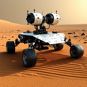 A Large, White, And Silver Robotic Vehicle With A Pair Of Large Wheels