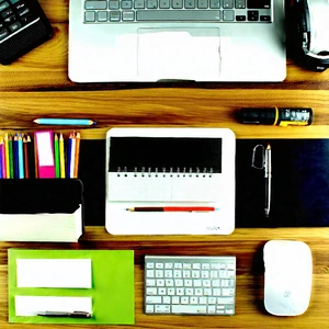 Business Aerial Photography: Workplace with productivity tools on desk