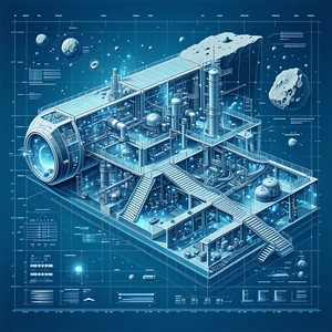 A Blue And White Drawing Of A Space Station Is Shown