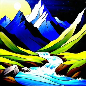 Nature Oil Painting: Mountain stream surrounded by mountain peaks