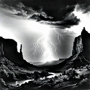 Nature Charcoal Drawing: Lightning Over Canyon Floor With Beautiful Landscape