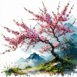 Nature Lithograph: Cherry Blossoms In Natural Setting With Beautiful Tree