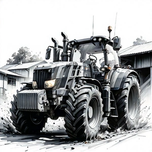 Tech Charcoal Drawing: Agricultural Technology In Manufacturing Facility With Large Tractor