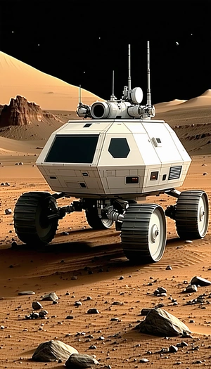 A White Robotic Vehicle With Four Wheels, Driving Across A Rocky Terrain