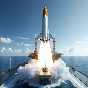 A Large Space Shuttle Launching From A Platform In The Ocean