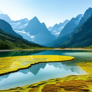Nature Advertising Photography: Tranquil Pond Surrounded By Mountain Peaks With Beautiful Mountain