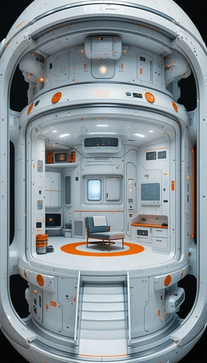 In This Image, There Is A Futuristic Room With A Chair And A Desk