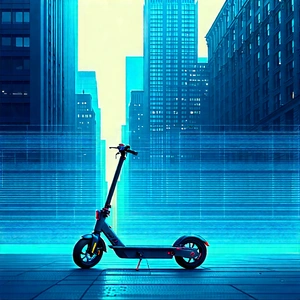 Urban Blueprint Style: City Electric Scooter In Financial District With City Street