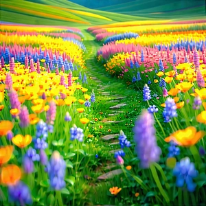 Nature Product Photography: Path Through Flowering Meadow With Beautiful, Colorful