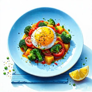 Lifestyle Etching: Healthy Meal Prepared With Vibrant Colors With Blue Plate
