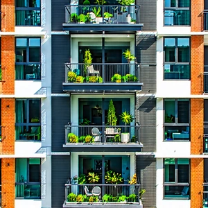 Urban Drone Photography: Modern Apartment Complex With Green Rooftop With Large Building