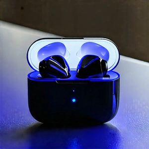 Tech Infographic Style: Wireless Earbuds With Glowing Screen With Pair Blue