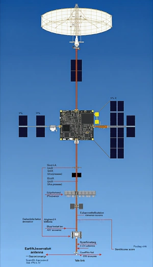 The Image Is A Blue Sky With A Satellite In The Middle Of It