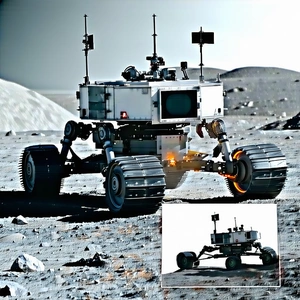 A Robotic Vehicle Is Driving On A Rocky Surface, Possibly On The Moon
