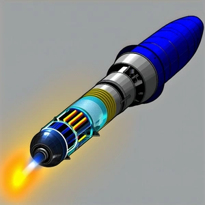 A Blue And Yellow Rocket Is Shown In A 3d Animation