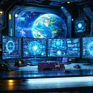 (futuristic:1.35) (digital:1.19) Workspace With Image