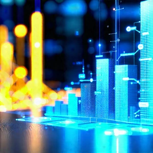 Financial Technology In Manufacturing Facility With Futuristic Cityscape