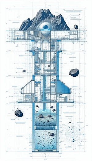 The Image Is A Blueprint Of A Futuristic Building, Possibly A Space Station Or A Large Ship