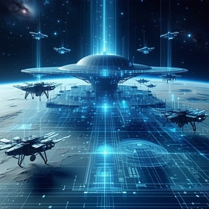 In This Futuristic Scene, A Group Of Spaceships Is Flying Around A Large, Circular Space Station