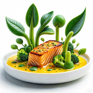 Lifestyle Etching: Plant-based Dish Prepared With Artistic Presentation With White Plate