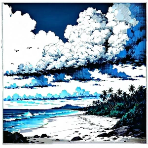 Nature Ink Drawing: Dramatic Clouds Over Tropical Beach With Black White