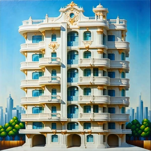 Urban Acrylic Painting: (modern:1.12) Apartment Complex With Ornate Details With Large, White,